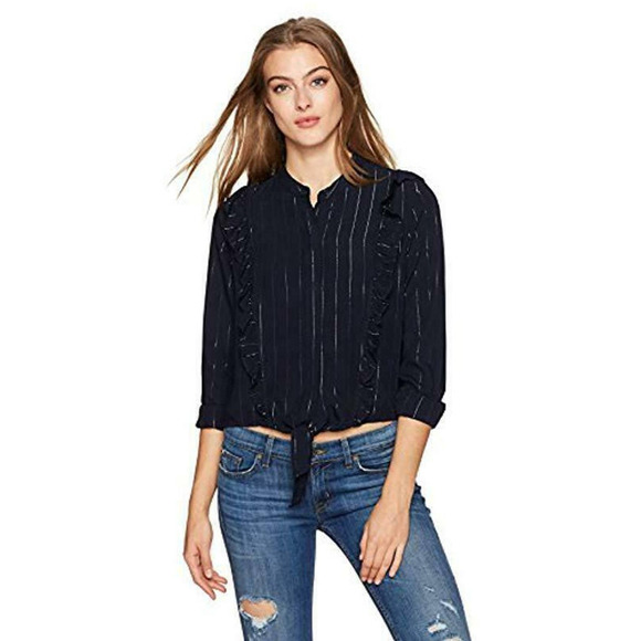 Rails Piper Blouse in Panama Stripe Medium Ruffle Blue Silver Metallic Tie Hem - Picture 1 of 12